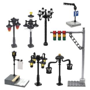 小积木颗粒发光路灯交通灯红绿灯灯笼MOC城市街景人行横道灯零件