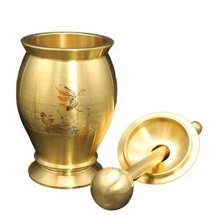 老式纯黄铜捣药罐杵子药盅擂钵臼缸研钵臼盅捣碎捣蒜泥器研磨厨器