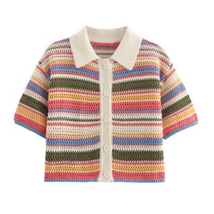 钩编POLO领针织上衣短裤套装Casual Knit Top Shorts 2 Piece Set