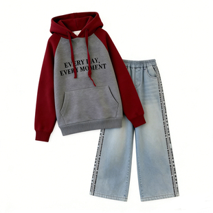 女童红色毛衣加厚秋冬款针织衫牛仔裤套装时髦中大童女孩过年衣服