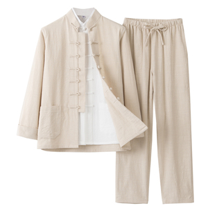 棉麻唐装男长袖套装太极服茶服汉