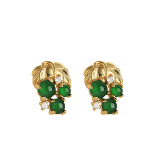 小银匠天然翡翠帝王绿纯银葡萄耳钉女新中式国风绿色玉石耳饰耳环