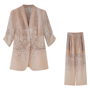 茶咖色印花西装套装女夏季中袖无领收腰通勤职业装外套减龄西装