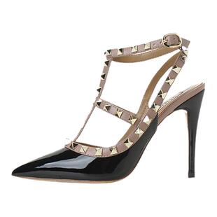 欧美风铆钉尖头高跟鞋2023年新款夏季细跟柳丁凉鞋女鞋中空单鞋