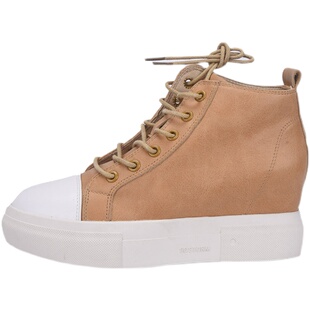 35-37头层牛皮ZUSE足色 坡跟高帮鞋休闲鞋厚底内增高黑色白底短靴