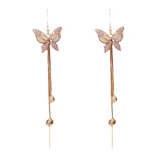 蝴蝶流苏耳线防丢韩国东大门气质锆石耳饰时尚百搭耳坠银针防过敏