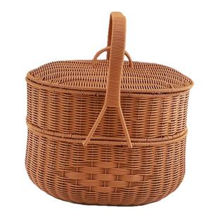 新款大号双层拜拜手提藤编篮子手工编织户外节日清明野餐拜神