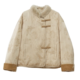 布符新中式「香槟色提花银杏珠绣毛领鹅绒服」2025年冬季女羽绒服