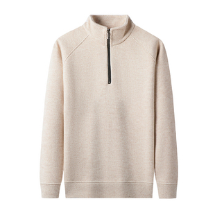 秋冬季半高领拉链一体植绒毛衣男士加绒加厚含羊毛保暖上衣打底衫