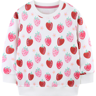 草莓女童不加绒卫衣卡通满印贴身内搭打底衫纯棉薄款毛圈中童上衣