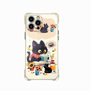 ins风小黑猫适用苹果17ProMax/小米17Ultra/华为Mate80ProMax/vivoX200四角开孔全包背带挂绳斜跨链条手机壳