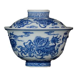 钟家窑陶瓷盖碗 景德镇茶具青花柴窑手绘狮子滚绣球二才泡茶盖碗