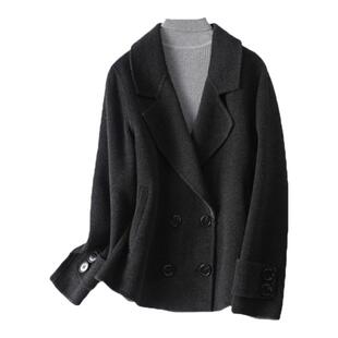 双面羊毛大衣女短款西装领双排扣深灰呢子春秋新款毛呢外套小个子