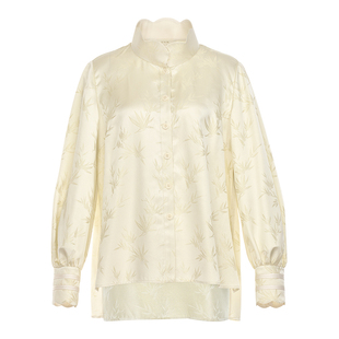 花木深新中式白色衬衫长袖竹叶提花衬衣女新款花瓣竖领桑蚕丝上衣