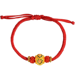 老庙黄金足金鎏彩好事连连莲花金珠红手绳古法硬金古典吉祥新中式