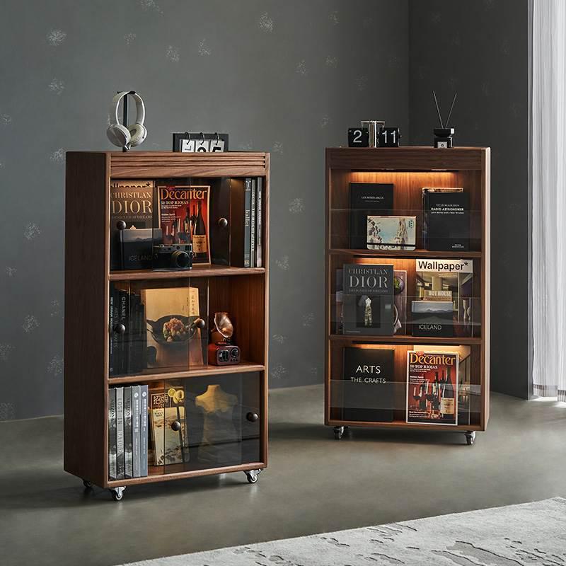 防尘书柜带玻璃门置物柜黑胡桃书架客厅家用落地杂志架实木储物柜