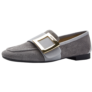 Nine West/玖熙绒面乐福鞋女秋冬金属方扣平底单鞋通勤优雅百搭鞋