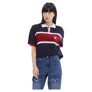 RomanticCrown韩版夏季新款Rc社群条纹宽松短袖polo衫男女同款