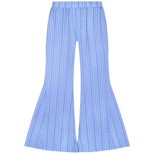 今屿花花 蓝色格子裤子2025新款夏季女薄款长裤休闲裤高腰喇叭裤