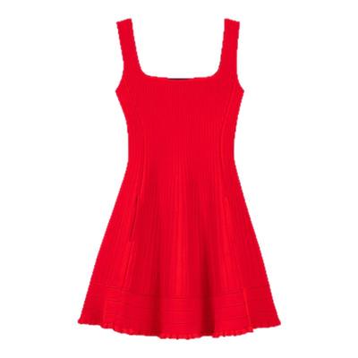 Maje红色收腰吊带短款针织连衣裙