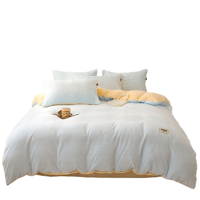 撸猫感纯色牛奶绒被套双拼被罩蓝