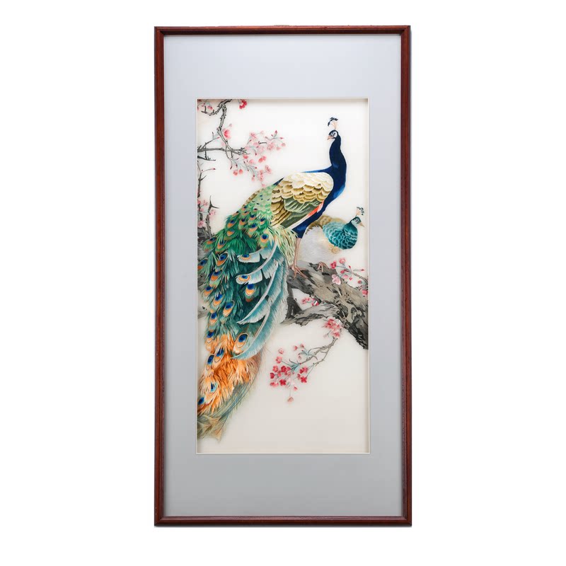 孤品手工苏绣孔雀献瑞玄关装饰画