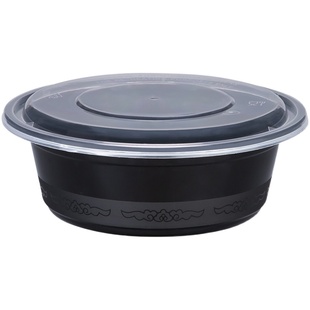 美式打包盒圆形带盖450/600ml/700ml一次性餐盒黑色外卖高档饭盒