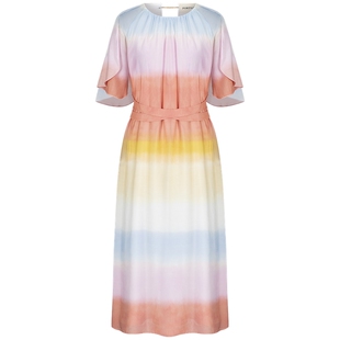 宝姿PORTSPURE女装浅夏季多巴胺撞色扎染收腰束带度假出游连衣裙