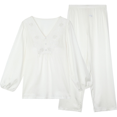 安莉芳专柜新品桑蚕丝混纺长袖v领带杯睡衣女士家居服套装EL00846