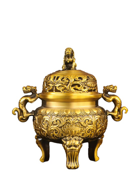 纯黄铜三足貔貅狮子炉带盖香炉
