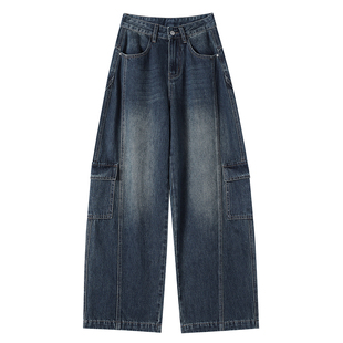 高腰工装阔腿牛仔裤女加绒秋冬季2026年新款超火宽松弯刀直筒裤子
