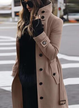 R 27891 Single Row Button Wool Coat 大码毛呢大衣 跨境欧美外