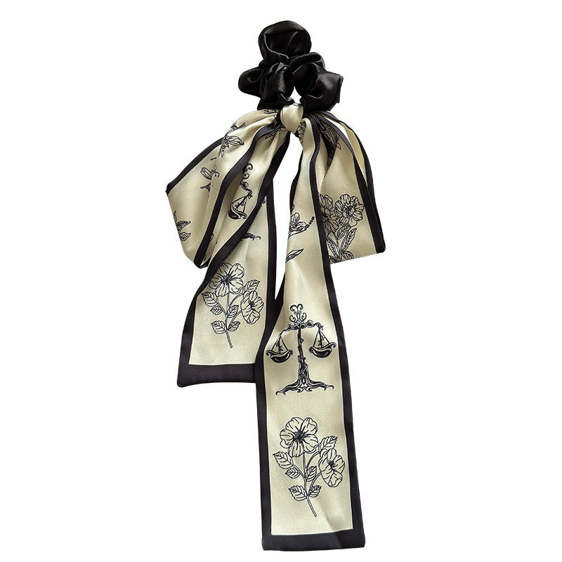 新中式印花蝴蝶结飘带发圈法式低马尾皮筋高级感复古缎面碎花发绳