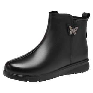 红蜻蜓女鞋牛皮妈妈时装靴冬季保暖加绒女士短靴耐磨软底高帮棉鞋