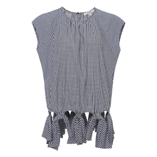 Ruco Line如卡莱 25夏棉黑白格女上衣包袖蝴蝶结下摆