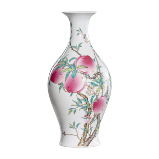 宁封窑仿古客厅插花摆件景德镇陶瓷花瓶手绘八桃纹瓷瓶中式博古架