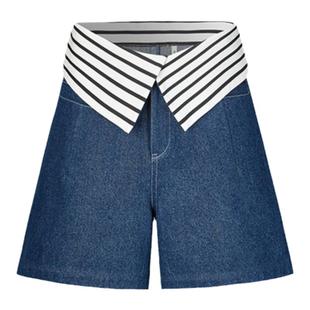 【deepmoss】女士时尚复古潮流百搭低腰直筒条纹翻边牛仔短裤