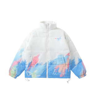 LAMLICKA日系潮牌扎染小熊廓形翻领棉服女冬季薄款保暖面包服外套