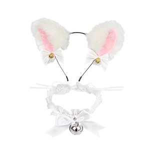 （发箍+项圈）猫耳朵铃铛头饰女白色可爱猫咪兔子发卡圣诞节头箍