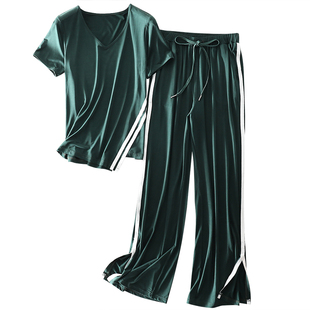 特~春夏显瘦显高时尚套装运动垂感铜氨丝V领T恤+直筒阔腿裤长裤