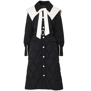 2025冬季新款气质翻领可拆卸披肩珍珠织带装饰黑色中长羽绒服外套