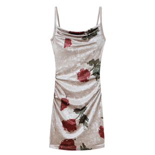 碎花丝绒吊带连衣裙性感复古夜店女装辣妹抽褶修身收腰短款包臀裙