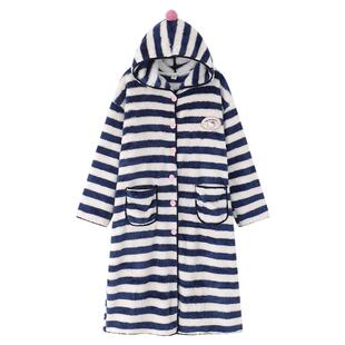 连帽珊瑚绒睡衣女秋冬季长开衫保暖加厚加绒凯蒂猫条纹睡袍慵懒风