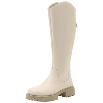 大东圆头中跟车缝线过膝靴