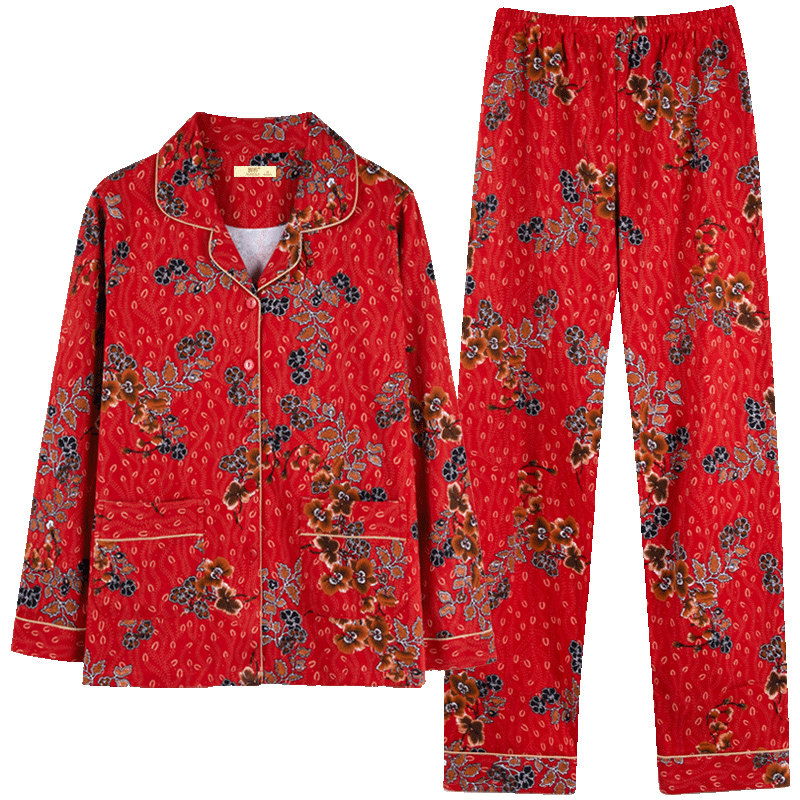 睡衣女春秋纯棉长袖大红色本命年高级感中老年妈妈碎花家居服套装