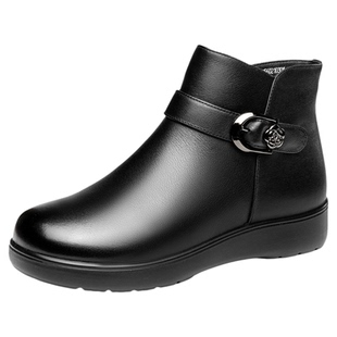 【牛皮+御寒绒毛】老人头女鞋真皮短靴女皮鞋加绒加厚软底冬棉鞋