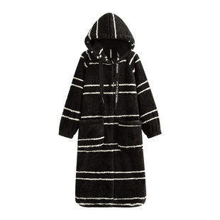 悦内睡袍女睡衣睡裙秋冬季冬款法兰绒加绒加厚珊瑚绒长款条纹大码