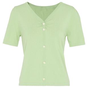 马天奴绿色V领捏褶雏菊纽扣短袖收腰修身毛衣针织衫毛衫上衣时尚