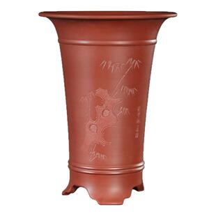 大红袍紫砂花盆兰花盆大口径束腰刻绘中国风古典室内桌面绿植盆栽