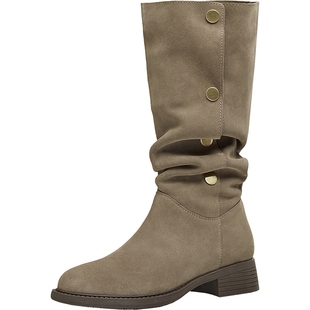 天美意美拉德复古西部靴堆堆靴长靴女鞋子高筒时装靴2025冬季新款